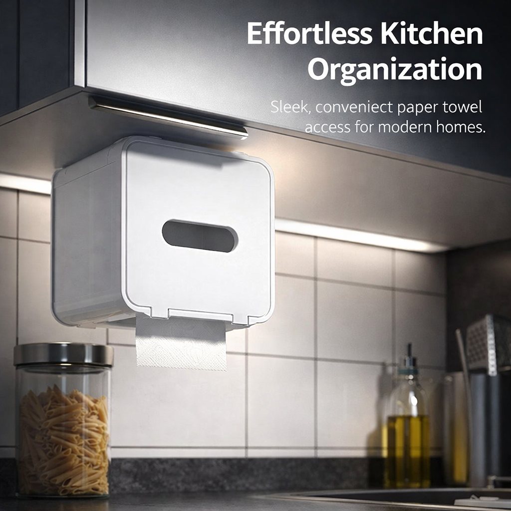 Cabinet Under Paper Towel Holder, Wall Mounted Dispensing Roll for Kitchen, No Drill Design, Lightweight & Space-Saving for Easy Access