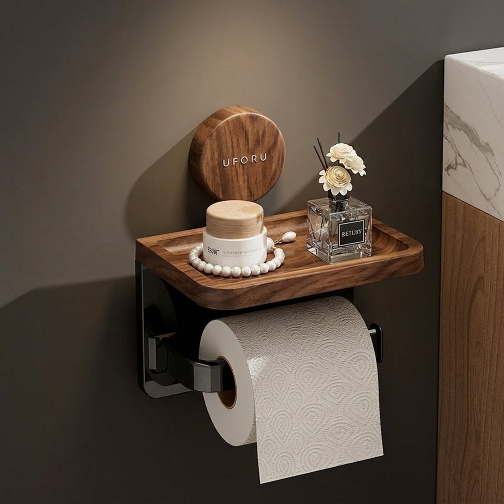 Toilet Roll Holder for Bathroom Storage and Toilet Paper, Suction Cup Installation with Shelf, Space Saving Paper Roll and Tissue Roll Rack