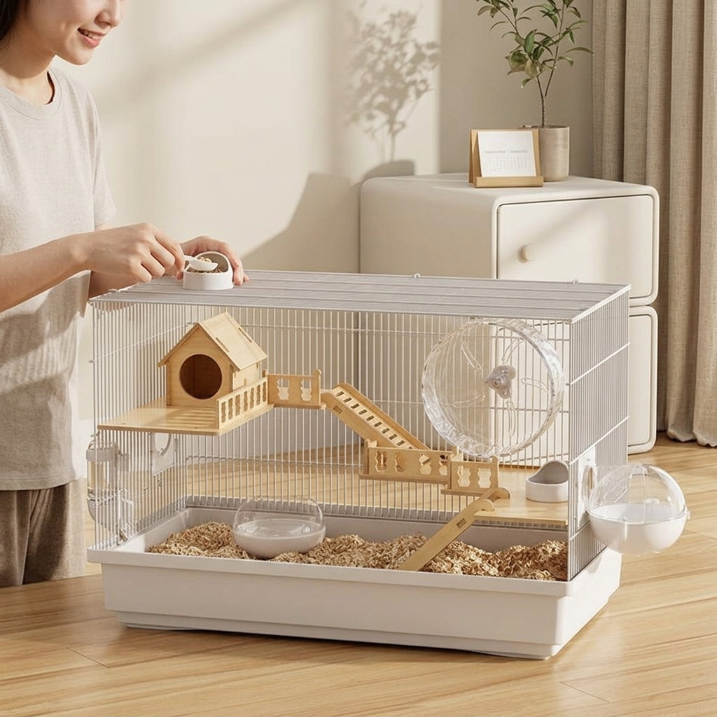 Hamster Cage 3-Tier Syrian Hamster Villa, Large Multi-Level Habitat for Small Pets, Luxury Gerbil Chinchilla Home without Wheel or Tubes