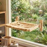 Cat Window Perch Hammock, Rectangular Wood Frame Mesh Lounger, Strong Suction Cup Cat Bed for Indoor Cats, Detachable Seat Fits Most Panes