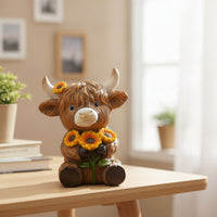 Scottish Cattle Figurine Cute Cow Statue with Flowers Farmhouse Resin Figurine for Collectors, Gardeners, Home Decor, Garden, Bookshelf