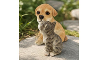 2 Pieces Puppy and Kitten Statue Outdoor Resin Garden Ornament Dog Statue Weatherproof Dog Figurine Hand-Painted for Pet Lovers