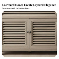 Distressed Finish Louvered Door Console French Country Design Storage Cabinet Retro aesthetic Home Furnishing sturdy Construction for Interior Decorators, Homeowners, Adults, Bedroom, Living Room, Entryway, Kitchen