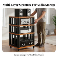 Movable with Casters Audio Equipment Rack Enhanced Sound Stability Rolling Amplifier Cabinet Heavy Duty Steel Frame Multi-Tier Audio Equipment Shelf High Load Capacity for Audiophiles, Home Theater Enthusiasts, Studio, Living Room
