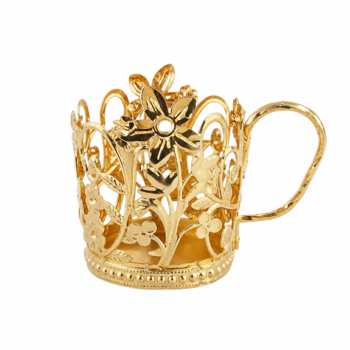 Decorative Metal Cup Holder Openwork Cup Holder with Handle Floral Lightweight for Hosts, Table Setting, Tea Service