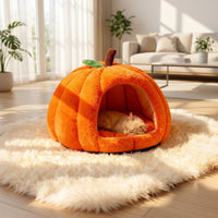 Pumpkin Cat Beds for Indoor Cats, Dog Bed with Hood and Thermal Padding, Small Dog Washable Bed with Removable Cushion and Waterproof Base