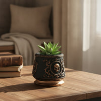 Skull Planter Ornate Planter with Skull Relief Flowerpot Decorative Halloween for Goth Decor Lovers, Desk, Windowsill