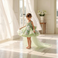 Green Flower Girl Dress with Train Large Back Bow for Wedding, Performance