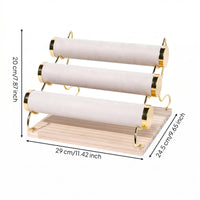 Wooden Base Three Tier Jewelry Display Rack Rounded Ends Watch Bracelet Display Rack Gold-Tone Three-Tier Jewelry Stand Scratch Protection