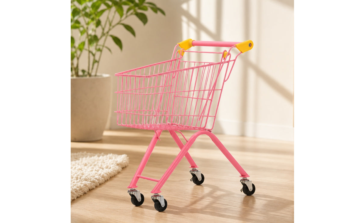 Child-Friendly Toy Shopping Cart with Metal Basket Rolling Pretend Play Grocery Cart Secure Miniature for Toddlers