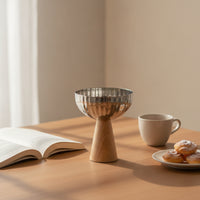 Fruit Bowl with Pedestal Base Stainless Steel Fruit Bowl with Wooden Base Reflective for Kitchen Counter