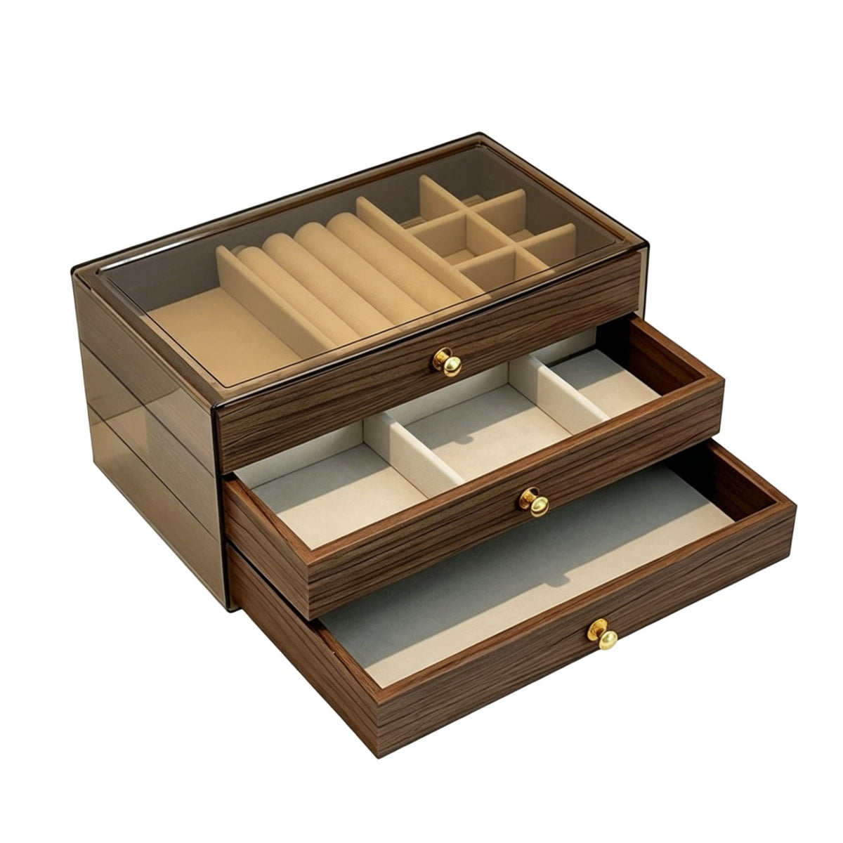Walnut Wood Jewelry Box Velvet Lined Tiered Jewelry Storage Box Transparent Lid for Dresser, Bedroom