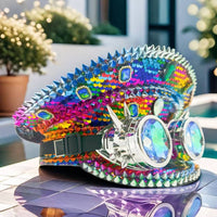 Pilot's Hat with Goggles Sequined Sequin Hat with Goggles Multicolor Cap for Adults, Entertainers, Cosplay