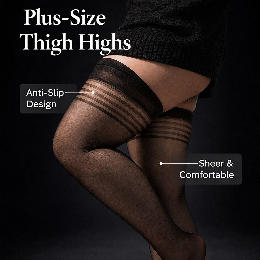 Thigh High Stockings with Sun Protection and Anti-Slip Band for Plus Size Women, Hold Up Nylon for Office Wear, Transparent and Lightweight