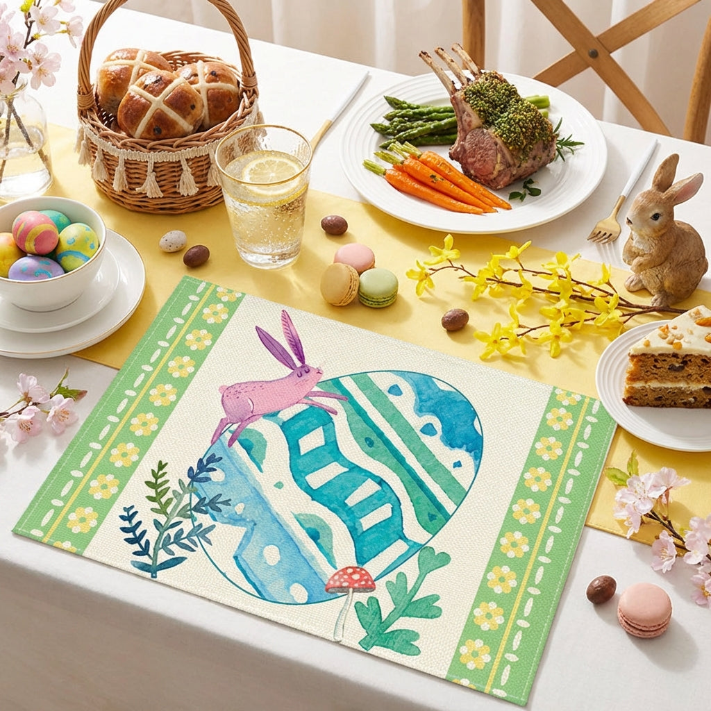 Easter Placemat Decorative Bunny and Egg Kitchen Dining Mat Non-Slip Bunny Table Mat Spring Table Decoration for Indoor Holiday Party Decor