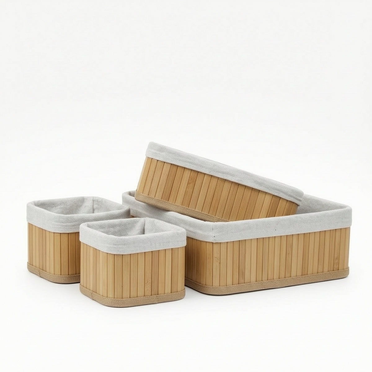 4 Pieces Natural Woven Basket with Lining Artisanal Bamboo Storage Basket Compact Desktop Organizer Rustic for Bathroom