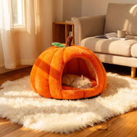 Pumpkin Cat Beds for Indoor Cats, Dog Bed with Hood and Thermal Padding, Small Dog Washable Bed with Removable Cushion and Waterproof Base