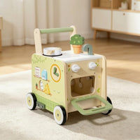 Pretend Play Kitchen Pusher Educational Wooden Activity Pusher Sturdy Push Cart with Wheels Safe for Toddlers, Nursery
