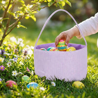 Purple Seersucker Easter Basket Lightweight Egg Hunt Bag with Handle and Gingham Lining Portable Gift Hamper Tote for Kids Holiday Celebrations