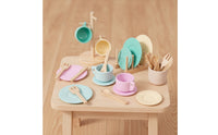 Wooden Play Dishes Set Pastel Pretend Play Tableware Toy Dishes with Stand, for Kids
