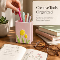 Tulip/Floral Ceramic Book Pen Holder & Makeup Brush Organizer for Desk Decor