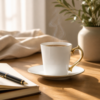Bone China Coffee Cup and Saucer Set with Gold Rim, Customizable Logo, Ceramic Teacup for Cafe
