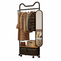 Complete Design Rolling Coat Rack with Mirror Space-Saving Rolling Clothes Rack with Shelves Easy Assembly Garment Stand Sturdy Construction for Renters, Students, Adults, Bedroom, Entryway, Small Apartment, Dorm Room