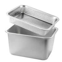 2 Pieces Easy to Clean Stainless Steel Drain Pan Set Heavy-Duty Perforated Draining Tray Oven Safe Deep Rectangular Steel Tub for Commercial Kitchens, Restaurant, Food Service