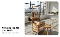 Solid Wood Sketching Stool with Drawing Board Sturdy Construction Tilting Drawing Desk with Stool Multi-Purpose Height Adjustable Art Table Space-Saving for Painters, Designers, Hobbyists, Classroom, School, Home, Workshop