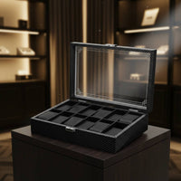 Carbon Fiber Watch Box Clear View Lid Watch Collection Organizer Men's Jewelry Organizer Secure Metal Clasp