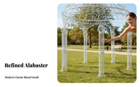 Grand Centerpiece Large 6-Pillar Wedding Dome Detachable Frame White Metal Pavilion Elegant Scrollwork Design Domed Iron Gazebo for Venue Owners, Couples, Garden Parties, Photo Backdrops