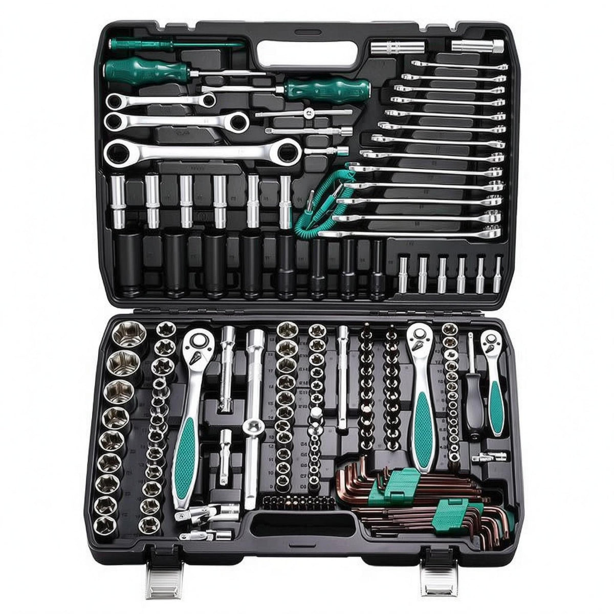 175 Pieces Chrome Vanadium Steel Automotive Socket Tool Kit 72-Tooth Mechanic Socket Set Molded Compartments Ratchet Wrench Set Hard Case for Mechanics, Auto Repair Shop, Garage