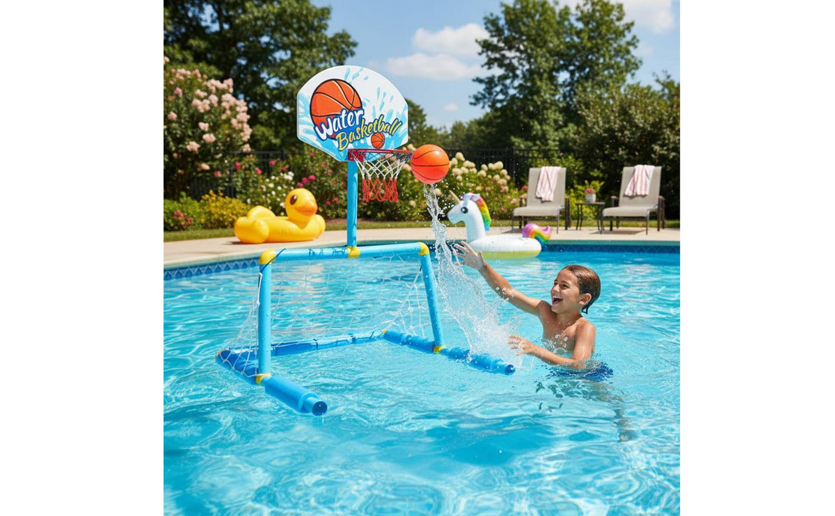 Buoyant Basketball Hoop and Soccer Goal Material Pool Basketball Soccer Game Puncture-Resistant Inflatable Pool Game Set for Kids, Backyard