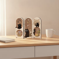 Cat-Themed Three-Panel Screen Compact Foldable Screen with Hinges Textured Ornament Short for Shelf