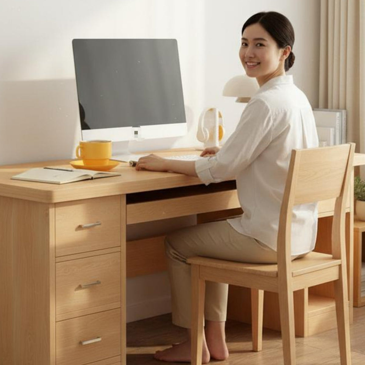 Cable Management Hole Computer Desk with Drawers Stable H-Frame Design Student Writing Desk with Storage Study Table for Students, Gamers, Bedroom