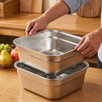 Square Colander and Sieve Set, Stainless Metal Rectangle Basin with Strainer, Flat Bottom Japanese Style Kitchenware for Washing Vegetables and Fruit