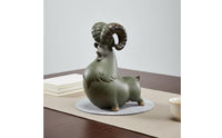 Chinese Style Sheep Statue Handcrafted Leader Sheep Figurine Oven-Fired Glaze Astrological Sculpture for Entryway, Office