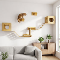 Solid Wood Feline Perch, Wall-Mounted Indoor Cat Perch with Bed, Space-Saving Living Room Furniture for Cats to Scratch, Simple Activity Area