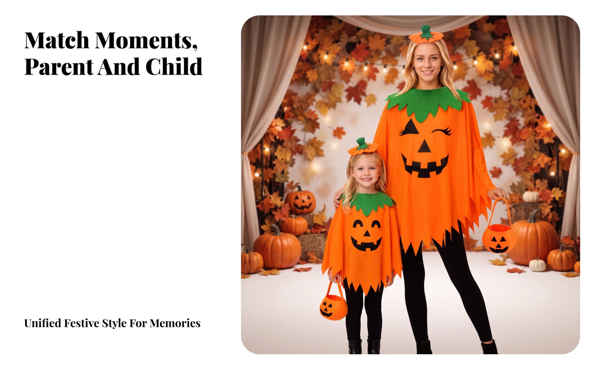 Irregular Hem Pumpkin Costume with Headpiece Festive Jack-O'-Lantern Poncho Spooky Pumpkin Cape Cute for Adults, Kids, Families, Trick-or-Treating, Stage Performances