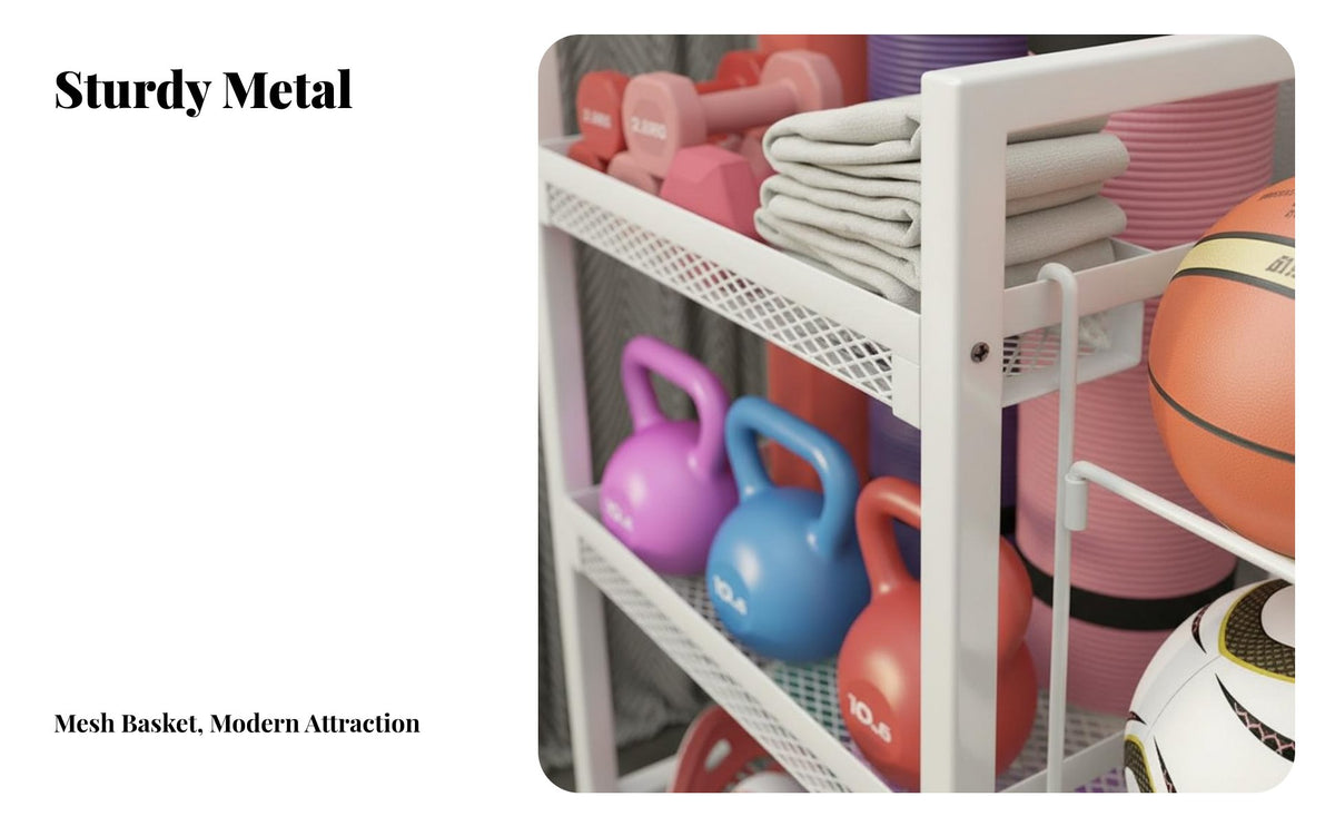 Lockable Wheels Home Gym Storage Rack Multi-Tier Design Rolling Workout Equipment Organizer Large Capacity Rolling Fitness Equipment Cart Includes Accessory Hooks