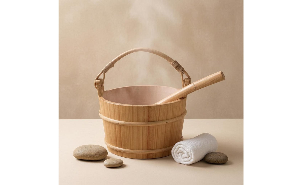 Leak-Resistant Pine Wood Sauna Container and Ladle 6 L Wooden Sauna Container Set Round Tub Shape Spa Supply Long-Lasting for Steam Room