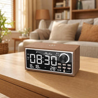 Wooden Digital Alarm Clock Wood-Grain Alarm Clock with Wireless Charger Desktop Multifunctional for Bedside Table, Study Room