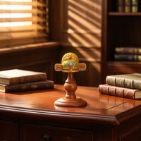 Brass-Toned Scholar Hat Ornament with Wooden Stand Traditional-Style Tabletop Decor Auspicious Desk Sculpture for Students, Graduates, Study Room, Graduation Party