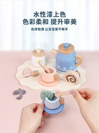 跨境儿童早教过家家下午茶甜点仿真茶具茶壶组合套装泡茶木制玩具