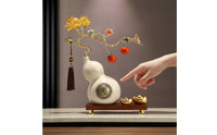 Gold-Tone Gourd Ornament with Wooden Base Traditional Ceramic Gourd Artisanal Statue Glossy for Homeowners, Living Room, Housewarming