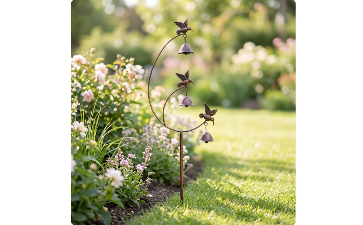 hummingbirds Stake with Bells Outdoor Metal Garden Stake with Bells Antique-Style hummingbirds Garden Decor for Homeowners, Flower Beds, Cottage Gardens