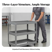 3-Tier Tool Cart 360-Degree Swivel Casters 3 Tier Rolling Tool Cart Industrial-Grade Steel Portable Workstation Trolley with Wheels for Warehouse