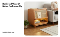 Nordic and design Rattan Nightstand sturdy Wood Legs Rattan Drawer Side Cabinet Woven Front End Table Minimalist Design for Apartment Dwellers, residents, Students, Bedroom, Small areas, Living Room, Entryway