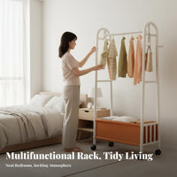 Multifunctional Rolling Clothes with Shelf Heavy-Duty Rolling Clothing Organizer with Basket Lockable Casters Garment Rack Large Capacity for Homeowners, Renters, Students, Bedroom, Entryway, Laundry Room, Closet