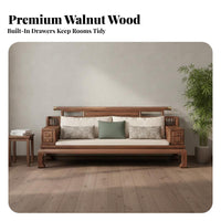 Chinese Design Arhat Bed Four-Season Use Walnut Storage Sofa Removable and Washable Covers Wooden Storage Daybed for Homeowners, Bedroom